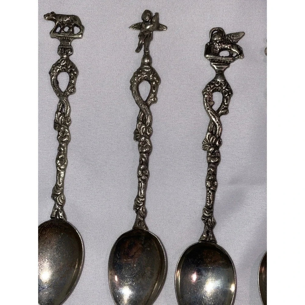 Set of 7 Montagnani Style Italy Stamped Figural Demitasse‎ Spoons Ornate Vintage